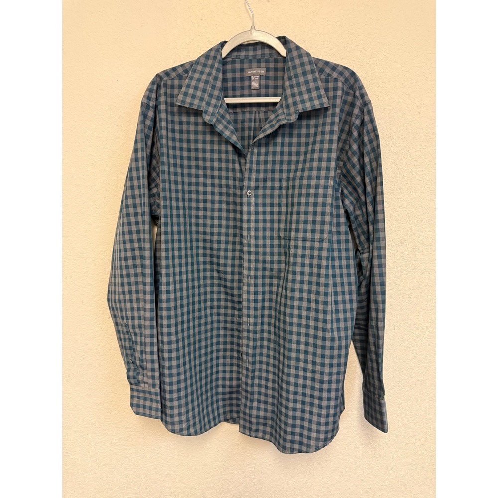 Van Heusen Men's XL Blue Gray Check Long Sleeve Button Front Dress Shirt 17-17.5